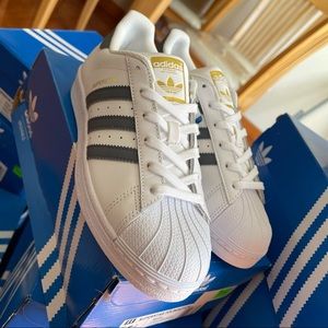 adidas Superstar White + Gray Stripes and Gold Accents Sneakers